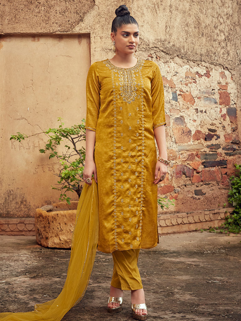 Mustard Embellished Silk Kurta With Silk Blend Pants And Net Embellished Dupatta