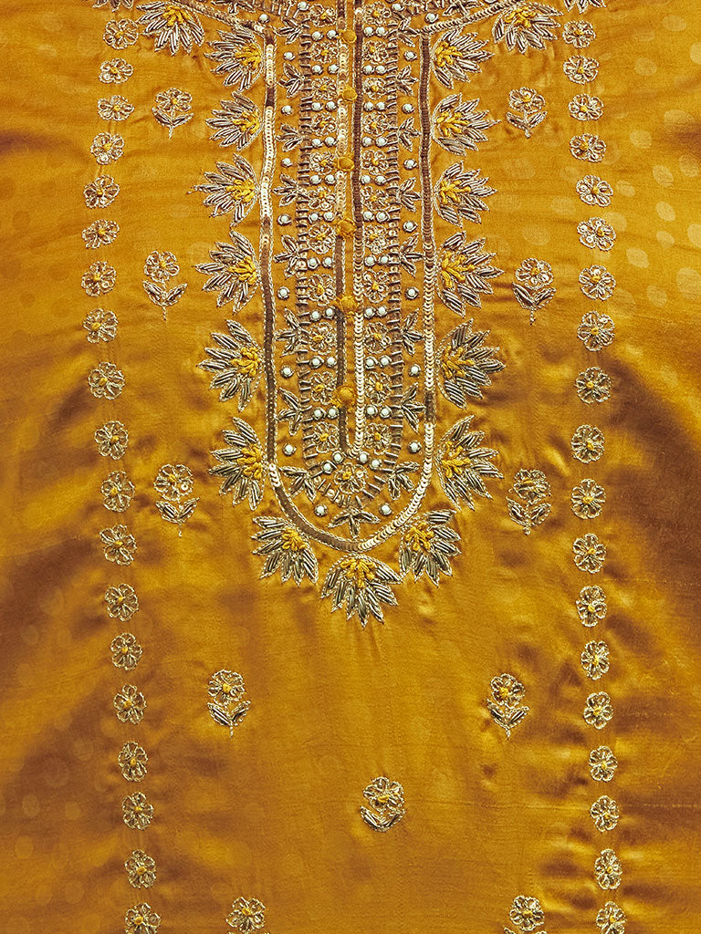 Mustard Embellished Silk Kurta With Silk Blend Pants And Net Embellished Dupatta