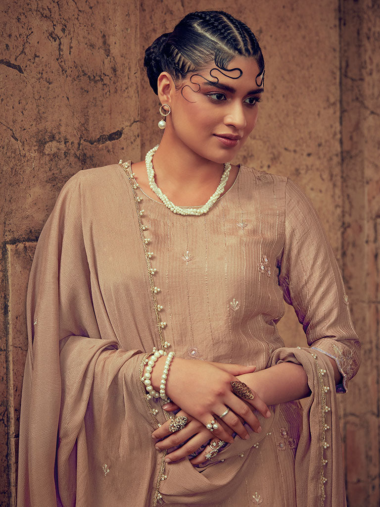 Powder Beige Color Straight Zardozi Embroided Kurta With Pants And Chinon Embroidered Dupatta