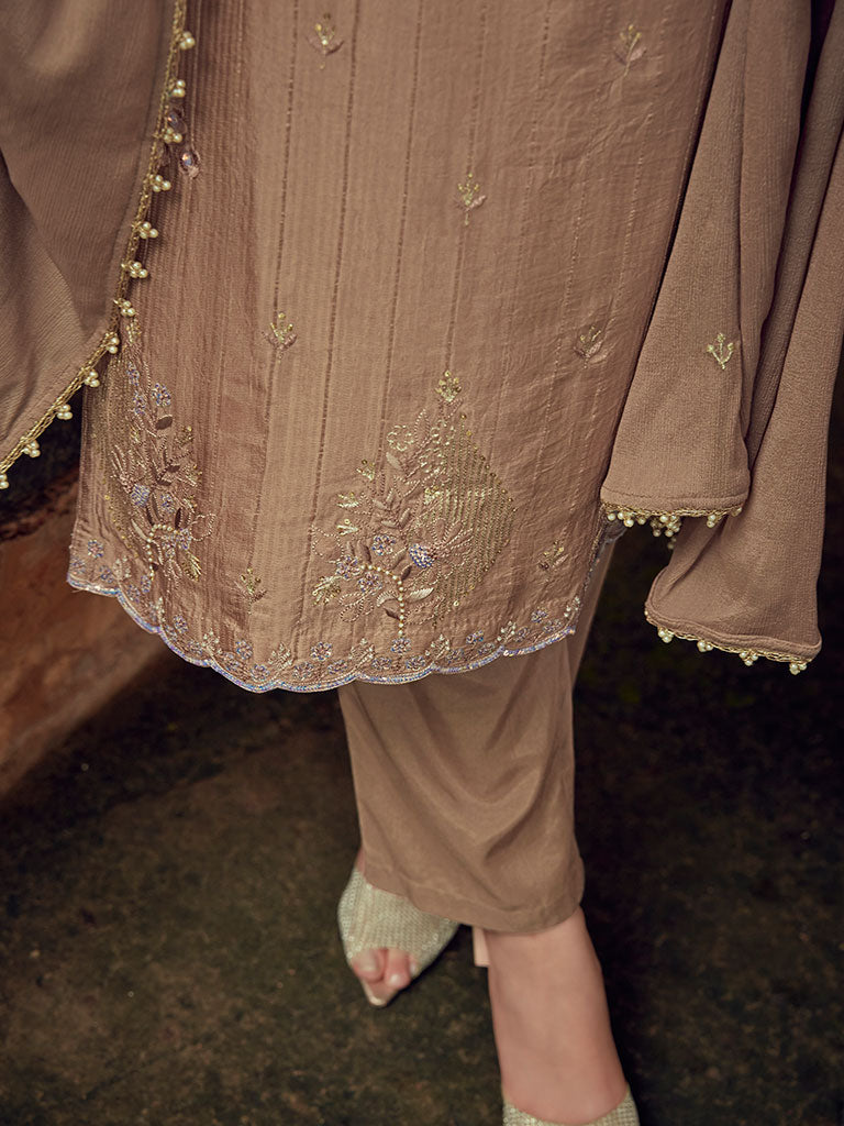 Powder Beige Color Straight Zardozi Embroided Kurta With Pants And Chinon Embroidered Dupatta