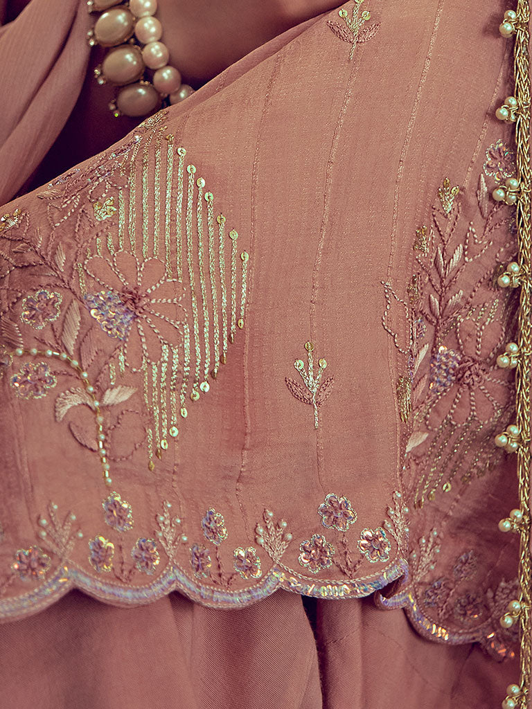 Mauve Color Straight Zardozi Embroided Kurta With Pants And Chinon Embroidered Dupatta