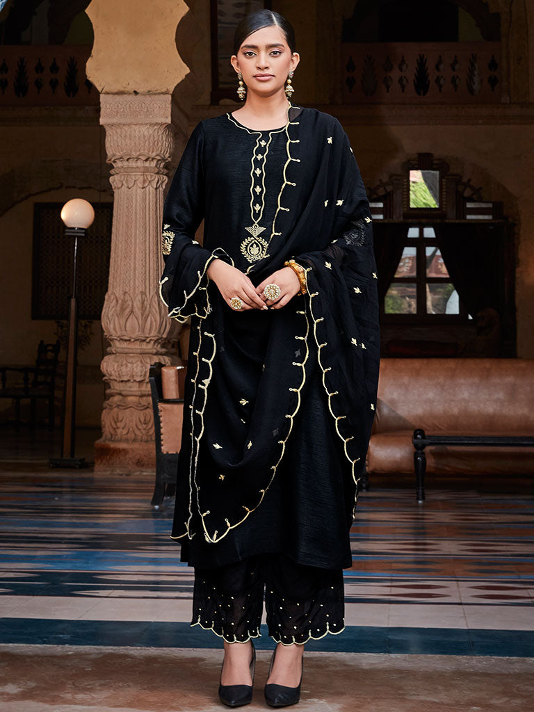 Black Straight Solid Embroidered Silk Kurta With Palazzo And Organza Dupatta