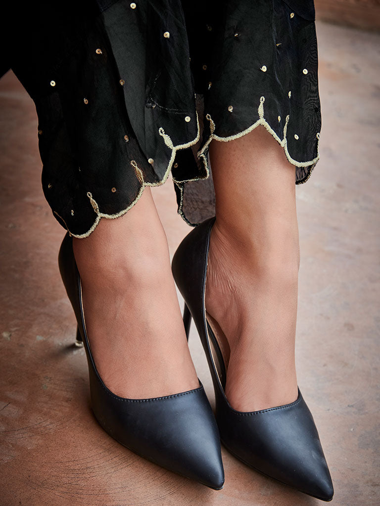 Black Straight Solid Embroidered Silk Kurta With Palazzo And Organza Dupatta