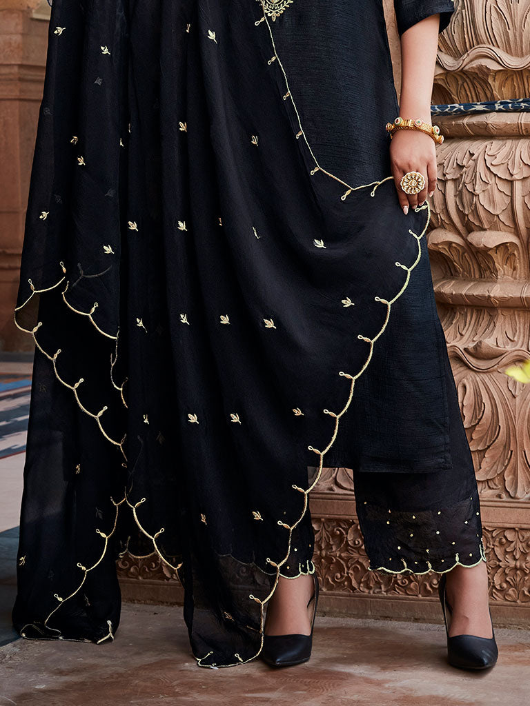 Black Straight Solid Embroidered Silk Kurta With Palazzo And Organza Dupatta
