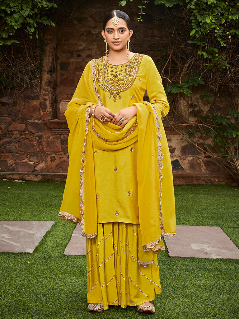 Yellow Straigth Zardozi Work Kurta With Sharara And Organza Dupatta