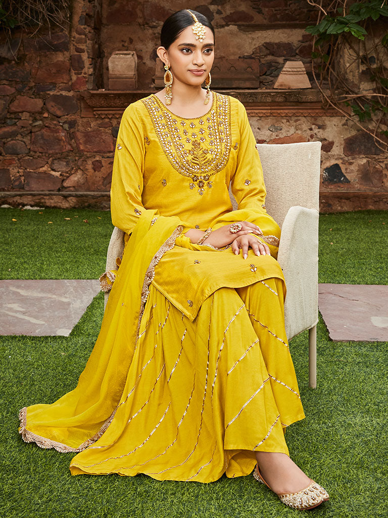 Yellow Straigth Zardozi Work Kurta With Sharara And Organza Dupatta