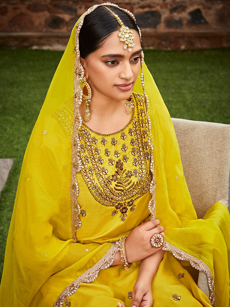 Yellow Straigth Zardozi Work Kurta With Sharara And Organza Dupatta