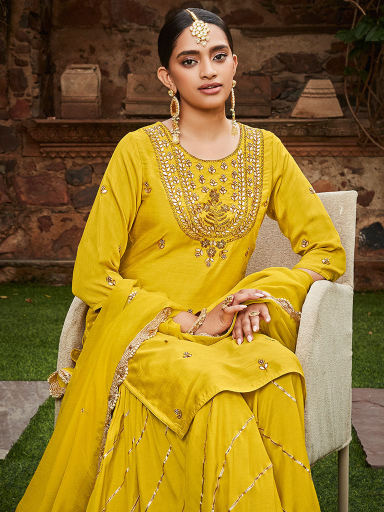 Yellow Straigth Zardozi Work Kurta With Sharara And Organza Dupatta