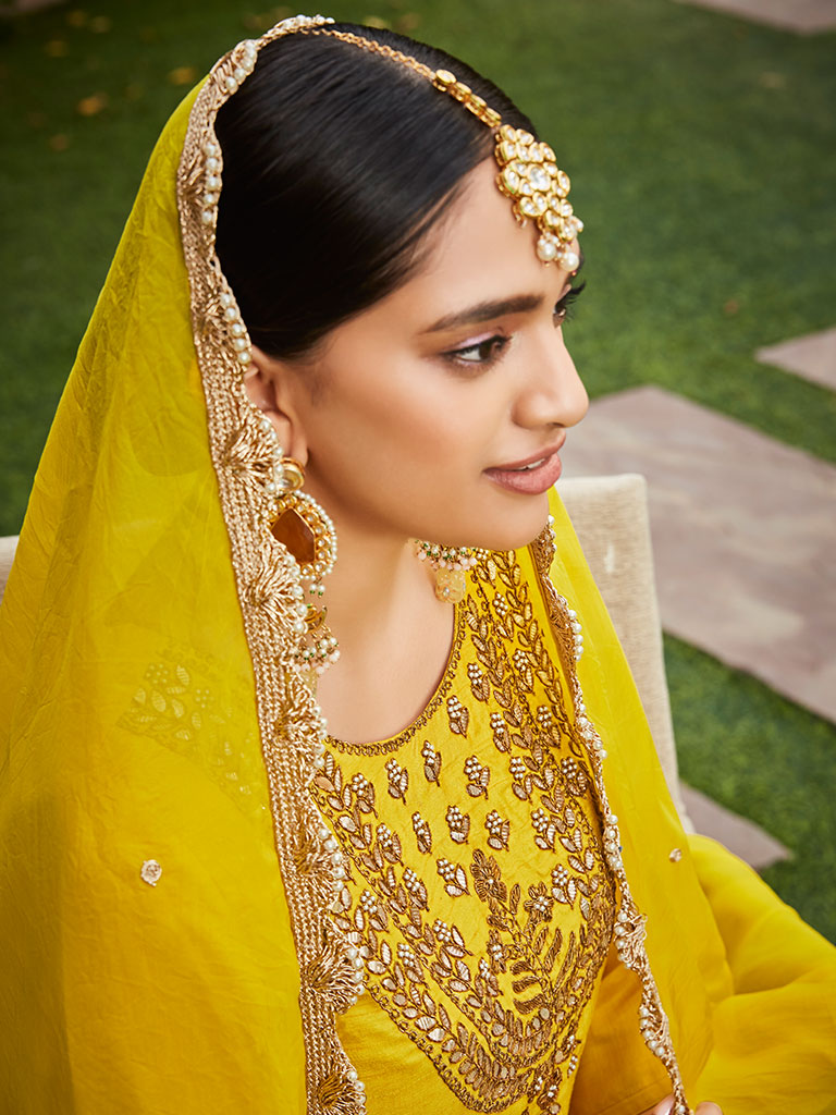 Yellow Straigth Zardozi Work Kurta With Sharara And Organza Dupatta