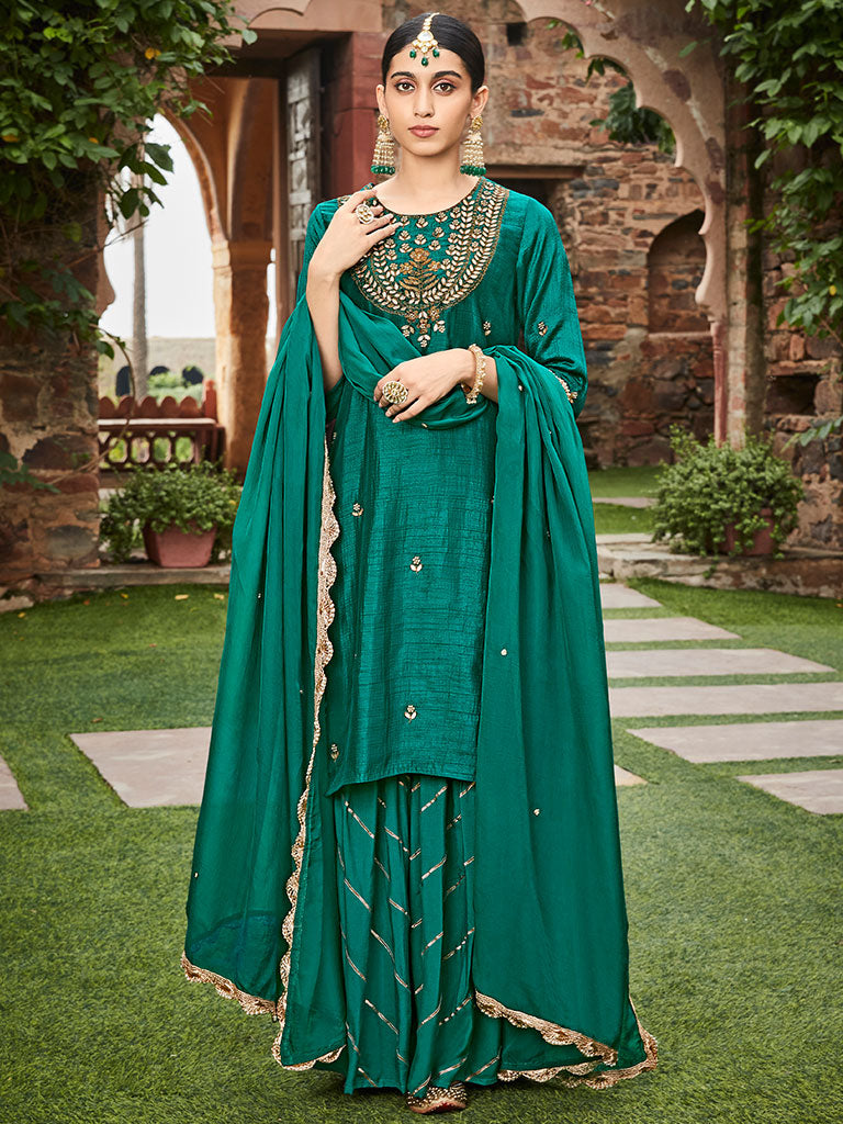 Green Straight Zardozi Work Kurta With Sharara And Organza Dupatta