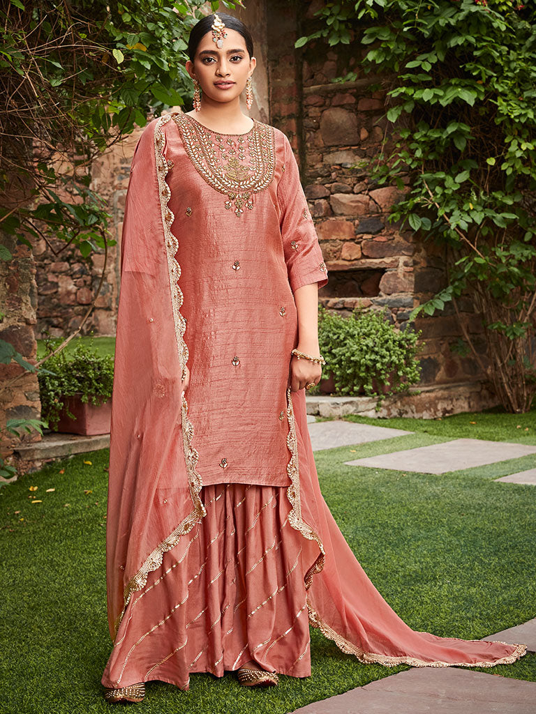 Mauve Straight Zardosi Work Kurta With Sharara And Organza Dupatta