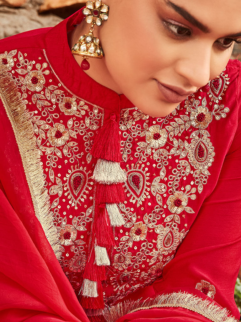 Red Straight Embroidery Silk Kurta With Sharara And Organza Dupatta
