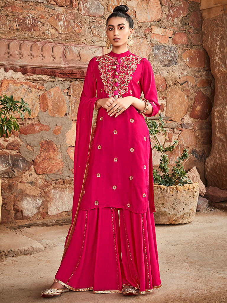 Amaiva Pink Solid Zardozi Embroidered Solid Kurta With Sharara & Dupatta