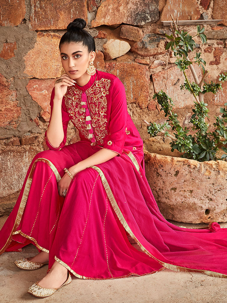 Amaiva Pink Solid Zardozi Embroidered Solid Kurta With Sharara & Dupatta