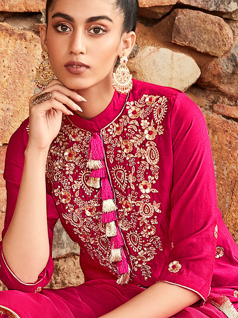 Amaiva Pink Solid Zardozi Embroidered Solid Kurta With Sharara & Dupatta