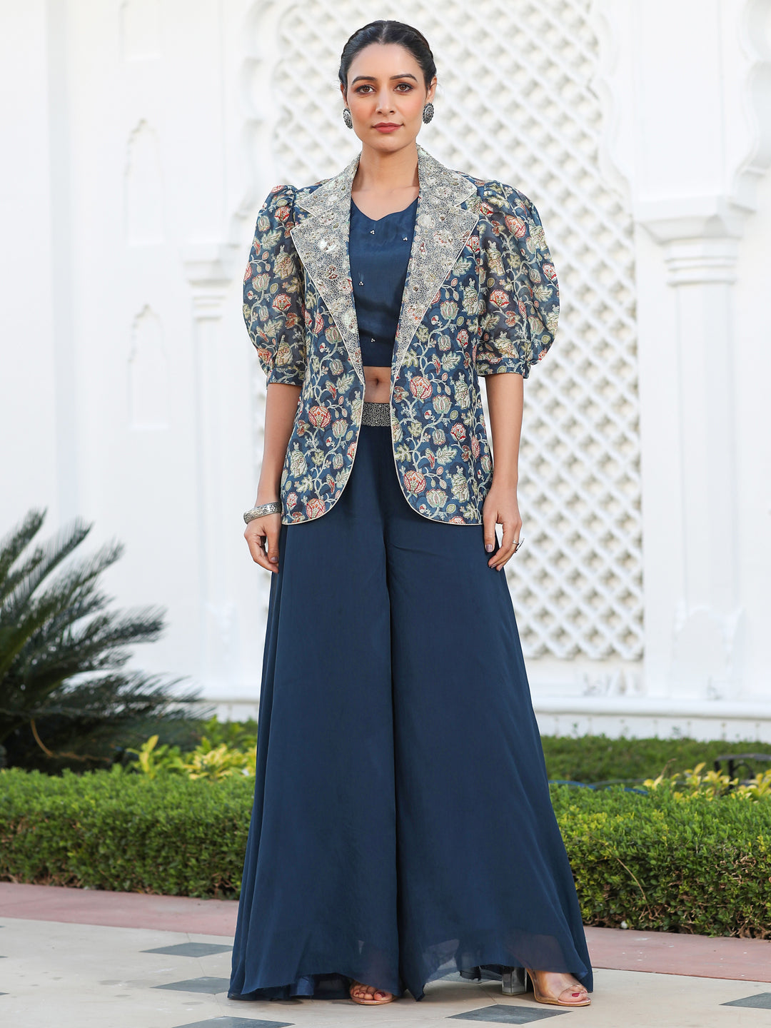 Floral Printed Straight Art Silk Top & Sharara Sets