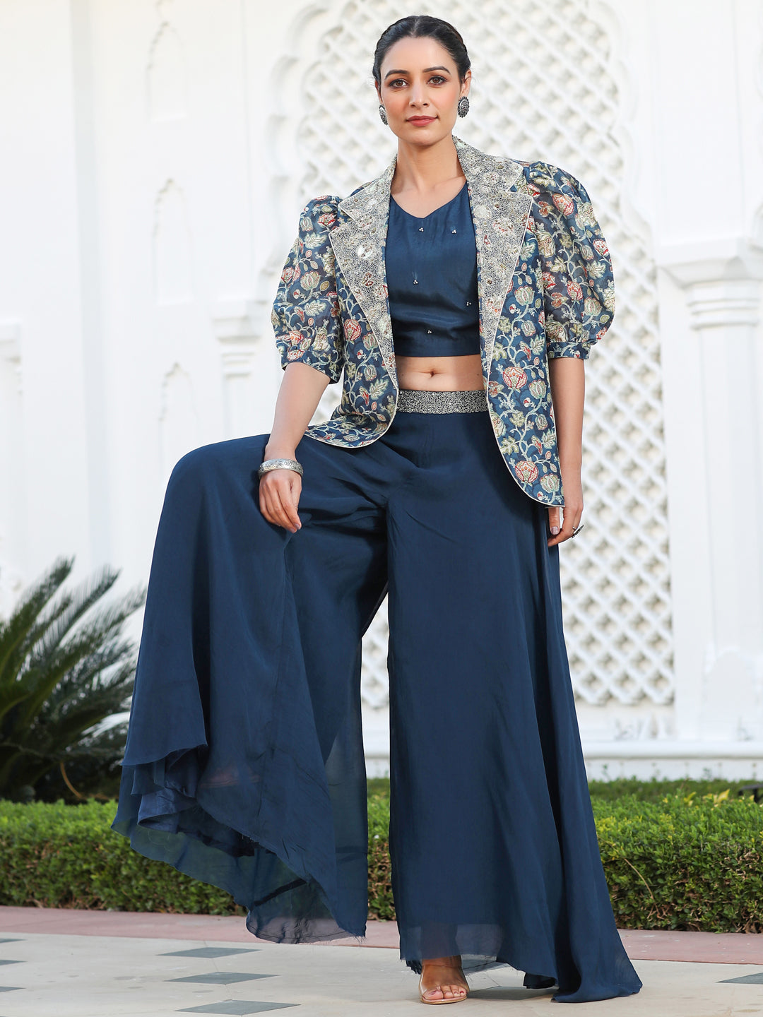 Floral Printed Straight Art Silk Top & Sharara Sets