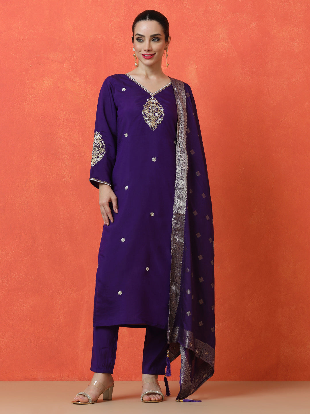 Solid Embroidered Straight Silk Blend Kurta & Trousers Sets