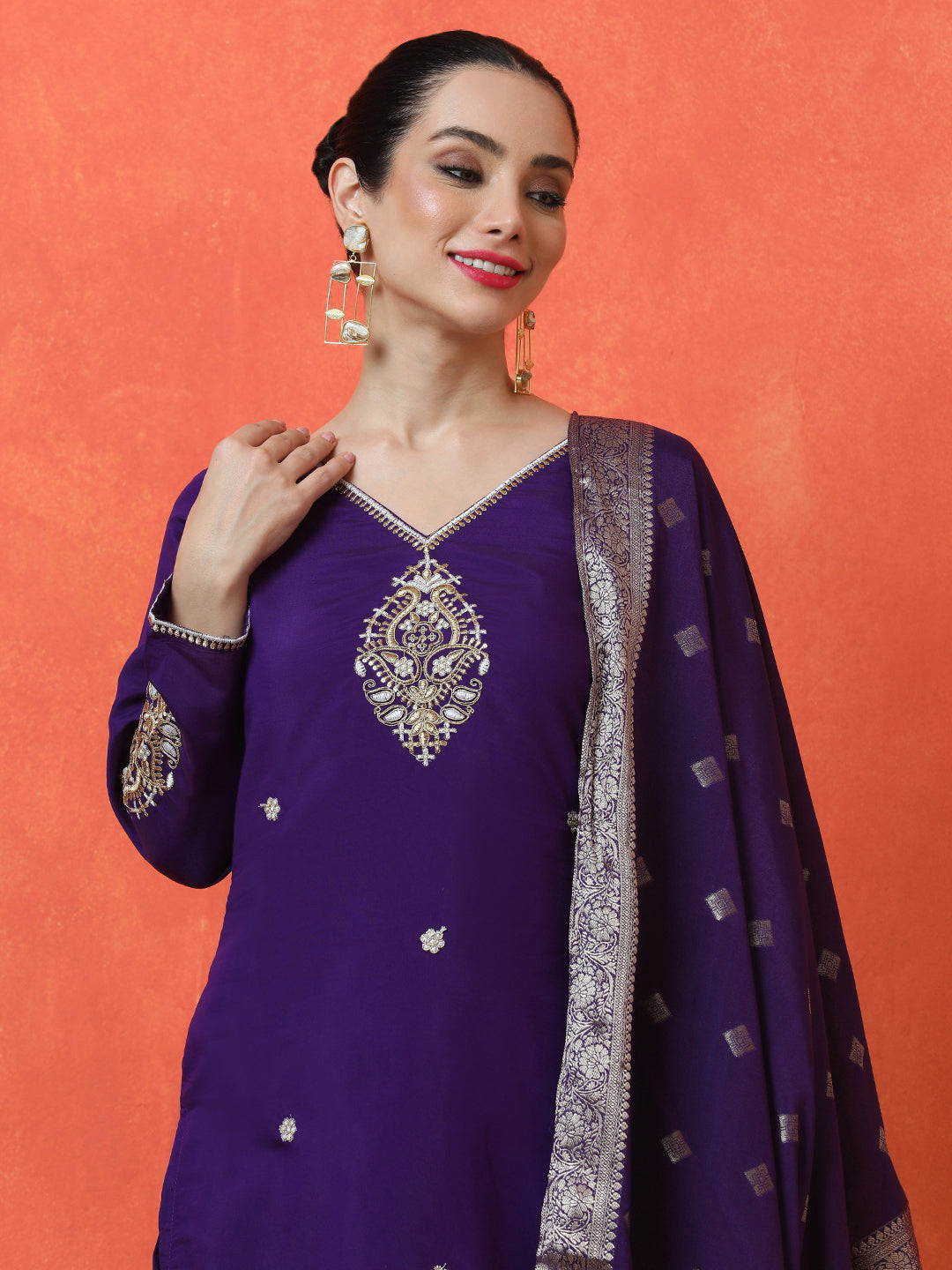 Solid Embroidered Straight Silk Blend Kurta & Trousers Sets