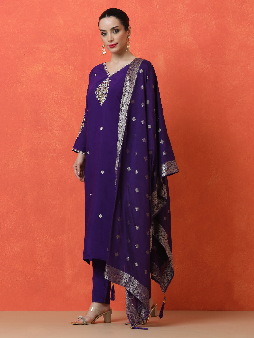 Solid Embroidered Straight Silk Blend Kurta & Trousers Sets