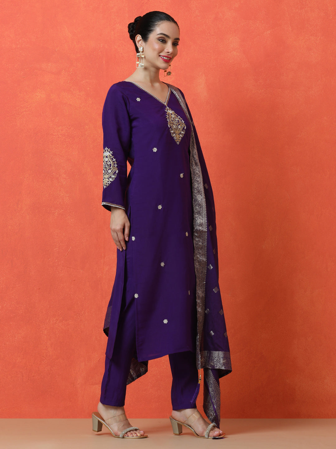 Solid Embroidered Straight Silk Blend Kurta & Trousers Sets