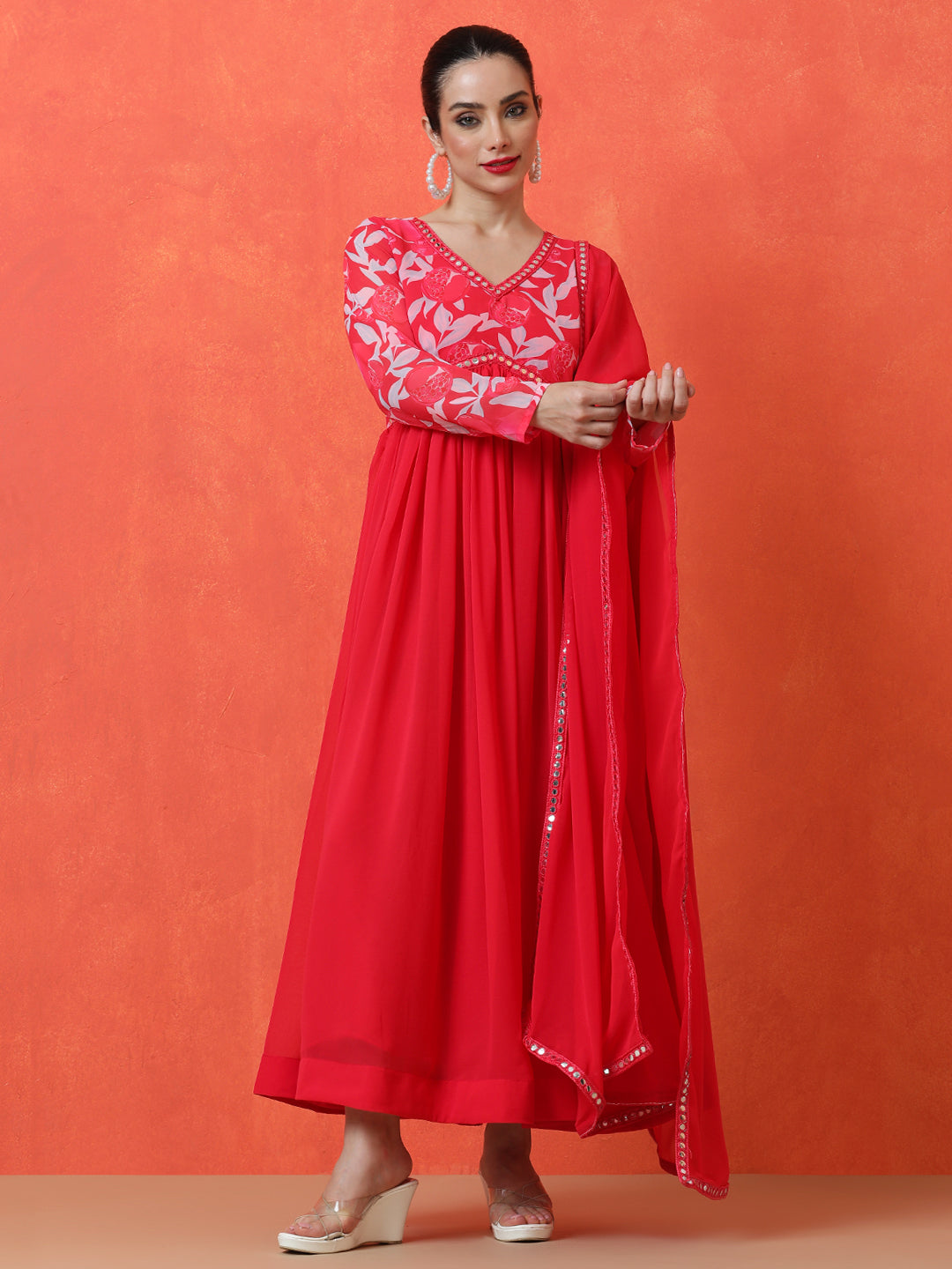 Floral Embroidered Anarkali Ethnic Dress With Dupatta