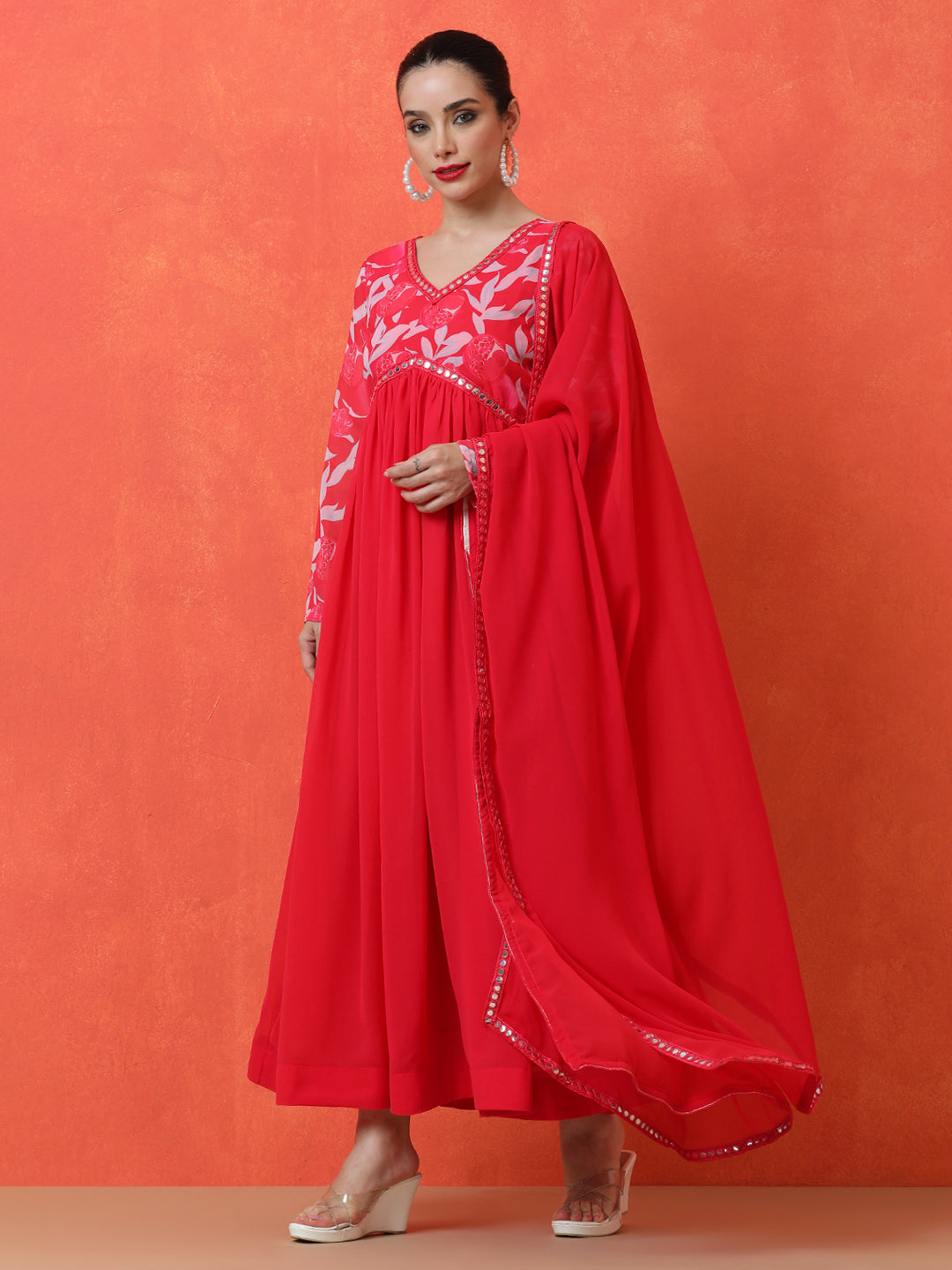 Floral Embroidered Anarkali Ethnic Dress With Dupatta