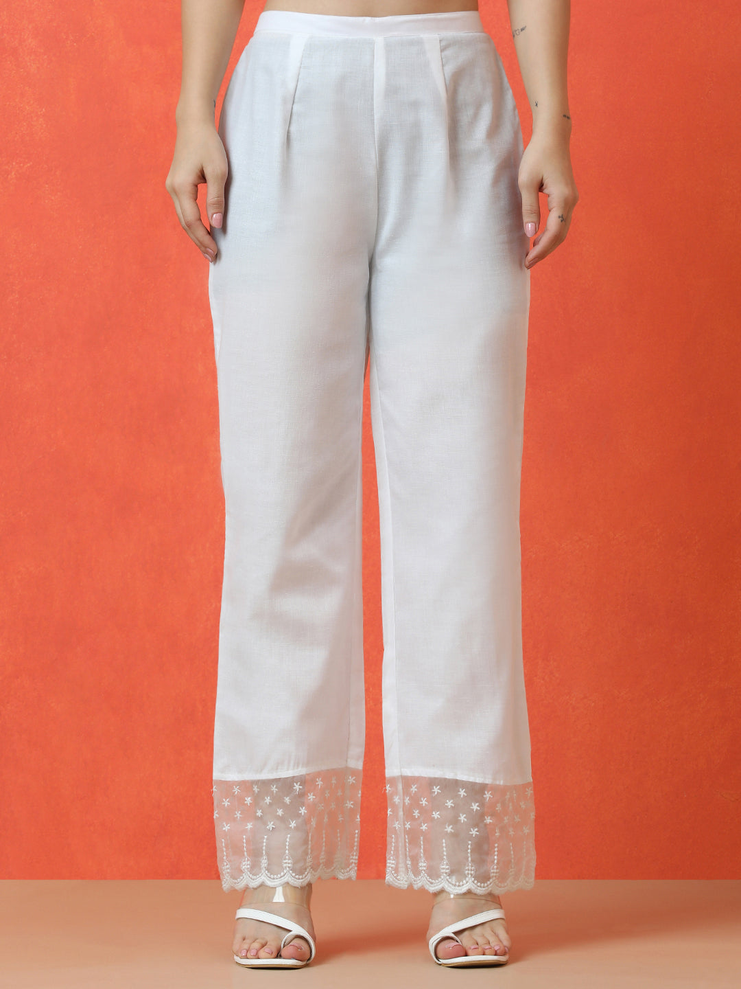 Solid Embroidered A-Line Pure Cotton Kurta & Trousers Sets