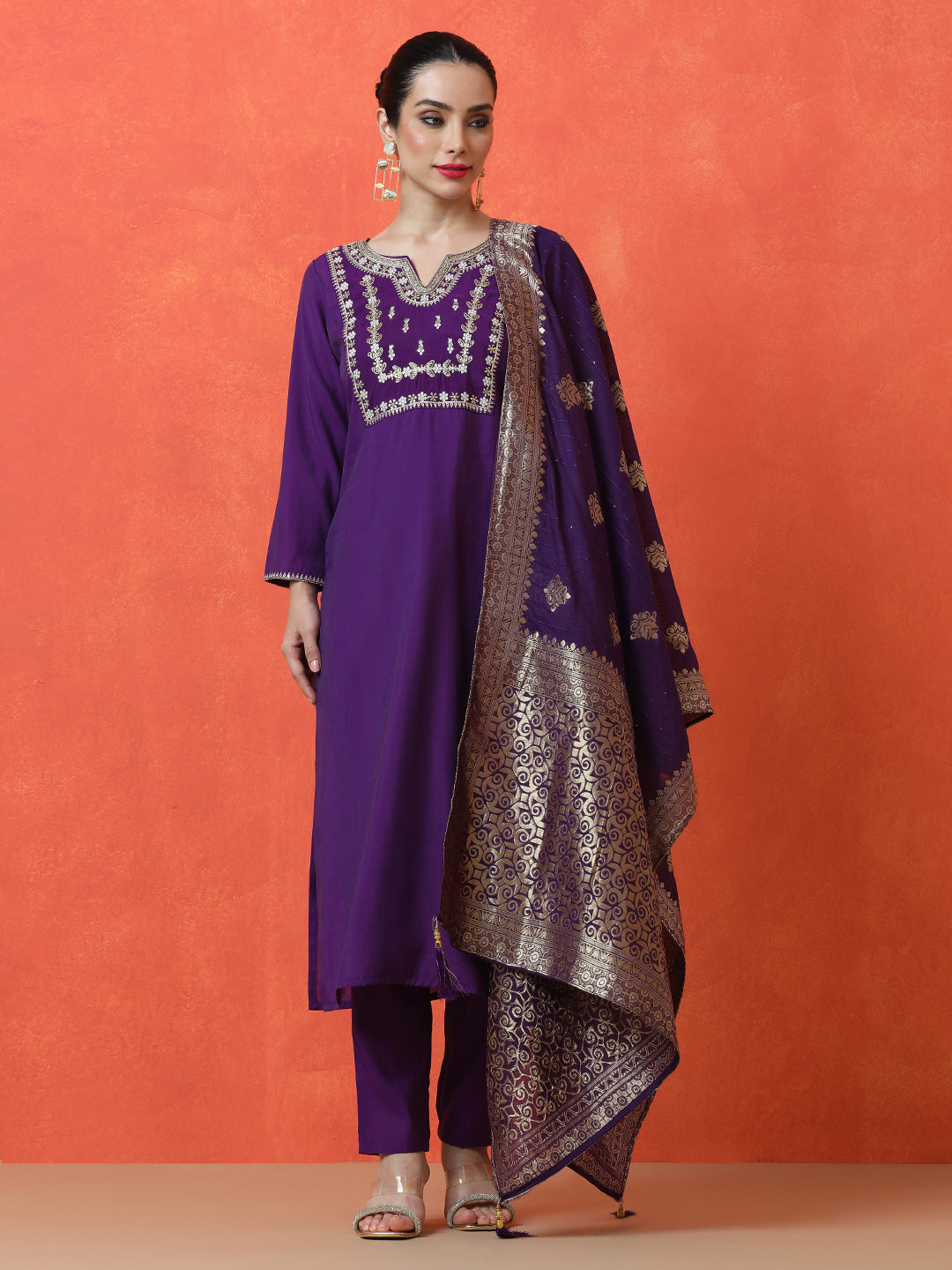 Floral Embroidered Straight Silk Blend Kurta & Trousers Sets