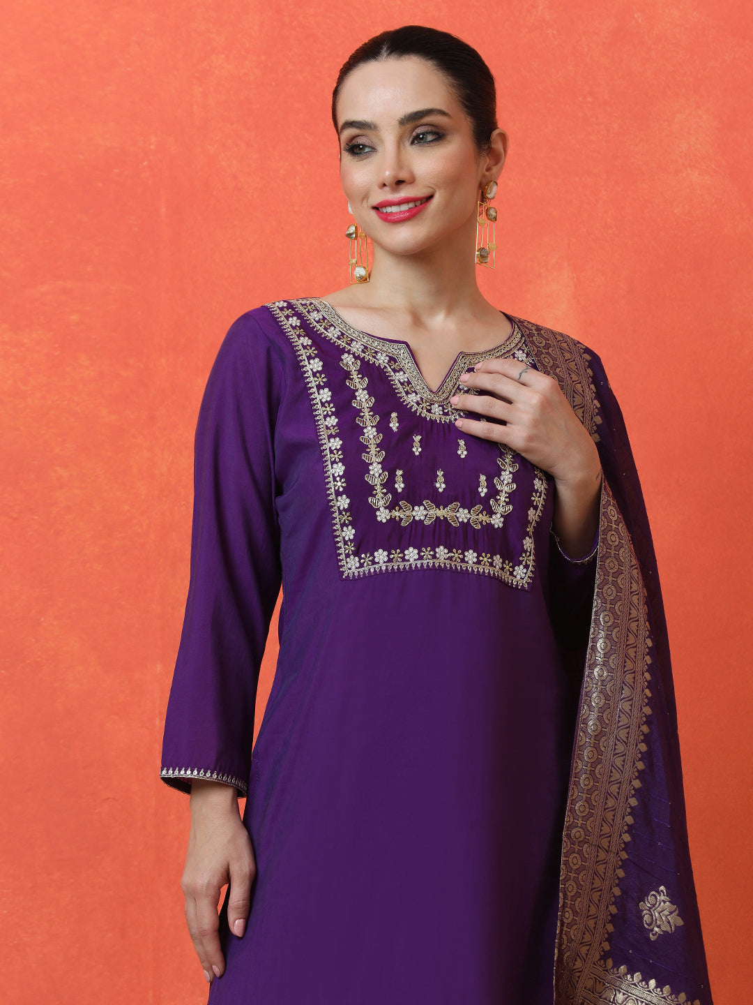 Floral Embroidered Straight Silk Blend Kurta & Trousers Sets