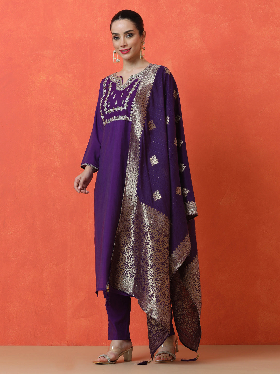 Floral Embroidered Straight Silk Blend Kurta & Trousers Sets
