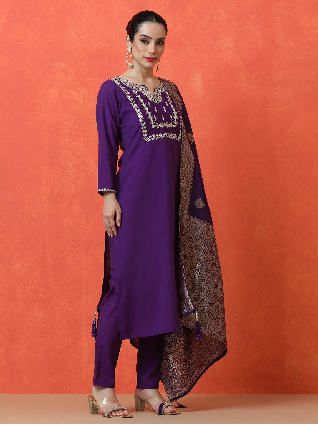 Floral Embroidered Straight Silk Blend Kurta & Trousers Sets