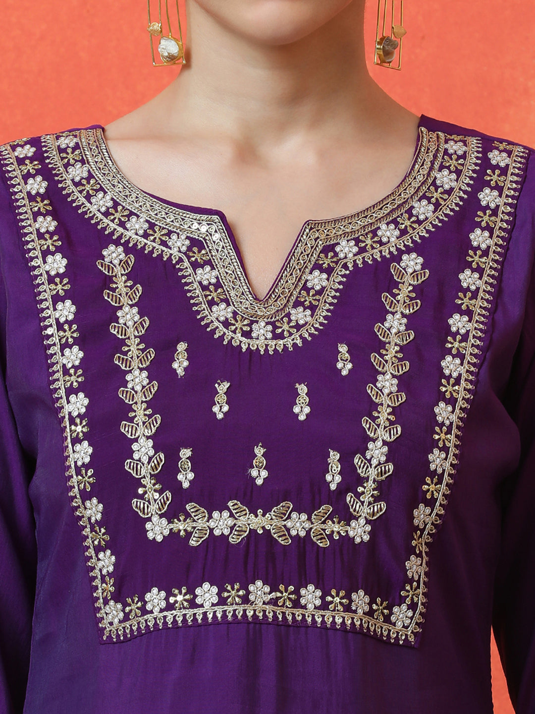 Floral Embroidered Straight Silk Blend Kurta & Trousers Sets