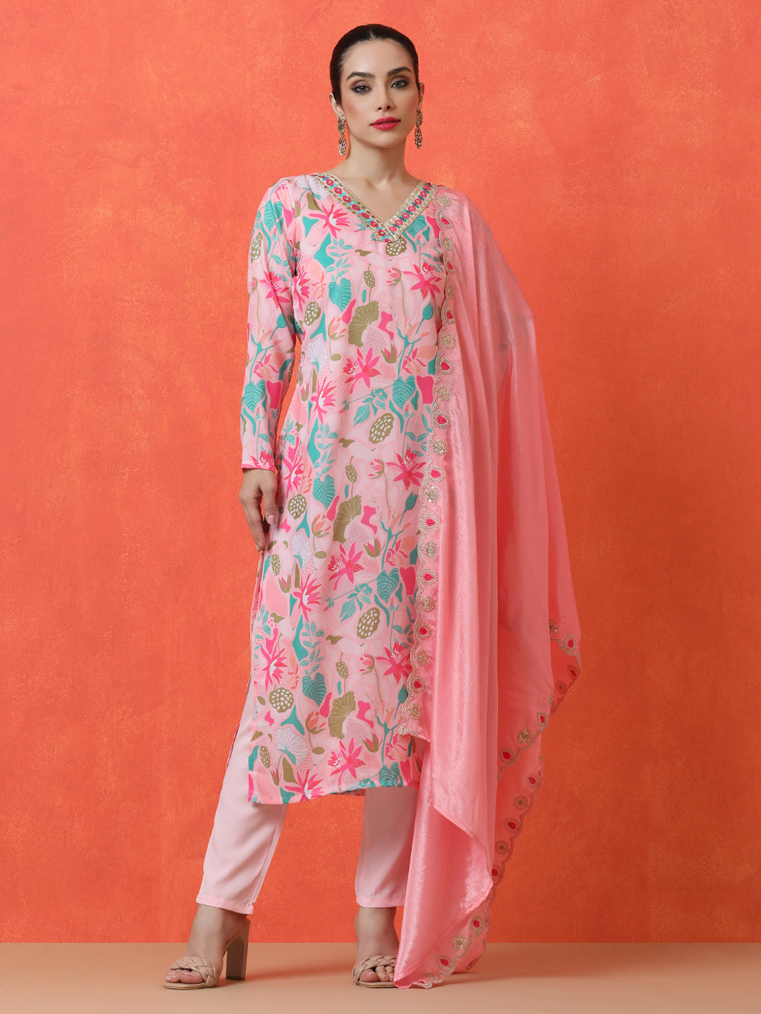 Floral Embroidered Straight Poly Crepe Kurta & Trousers Sets