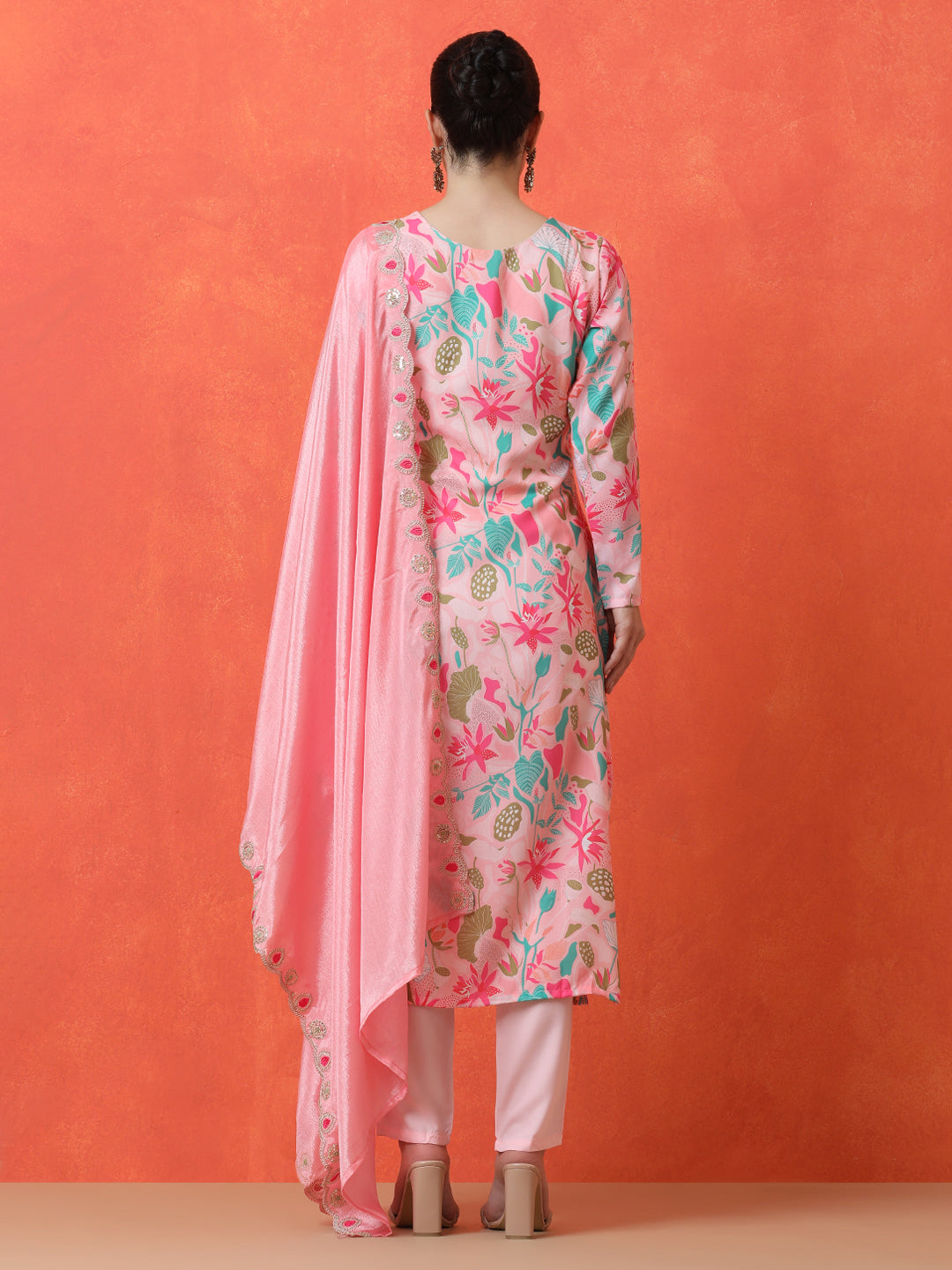 Floral Embroidered Straight Poly Crepe Kurta & Trousers Sets