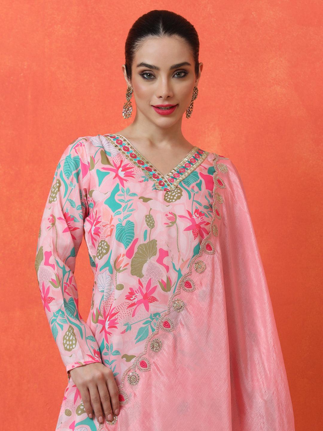Floral Embroidered Straight Poly Crepe Kurta & Trousers Sets