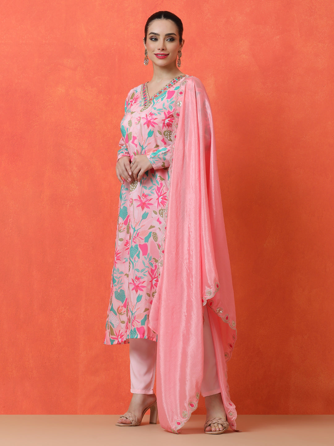 Floral Embroidered Straight Poly Crepe Kurta & Trousers Sets