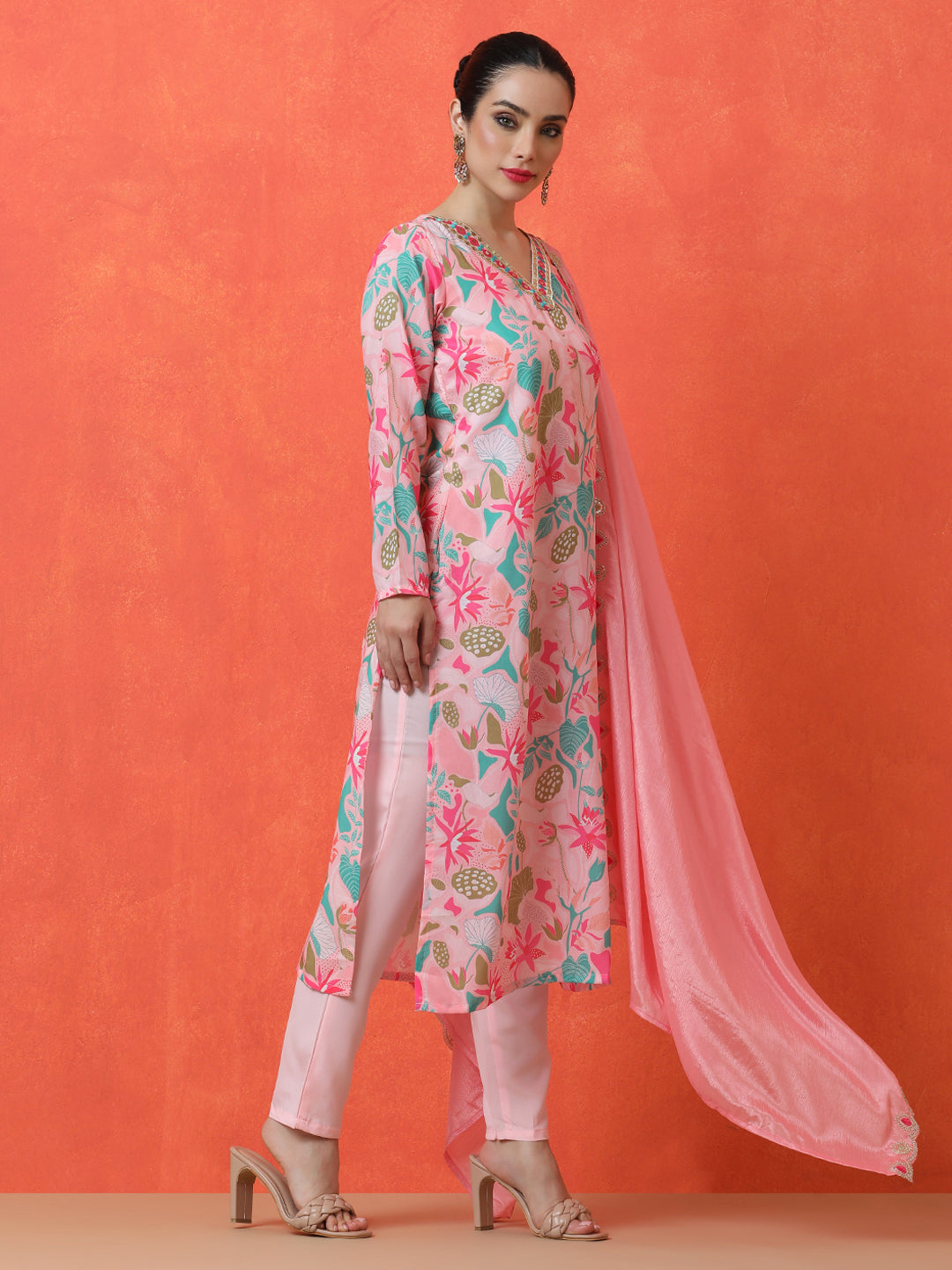 Floral Embroidered Straight Poly Crepe Kurta & Trousers Sets