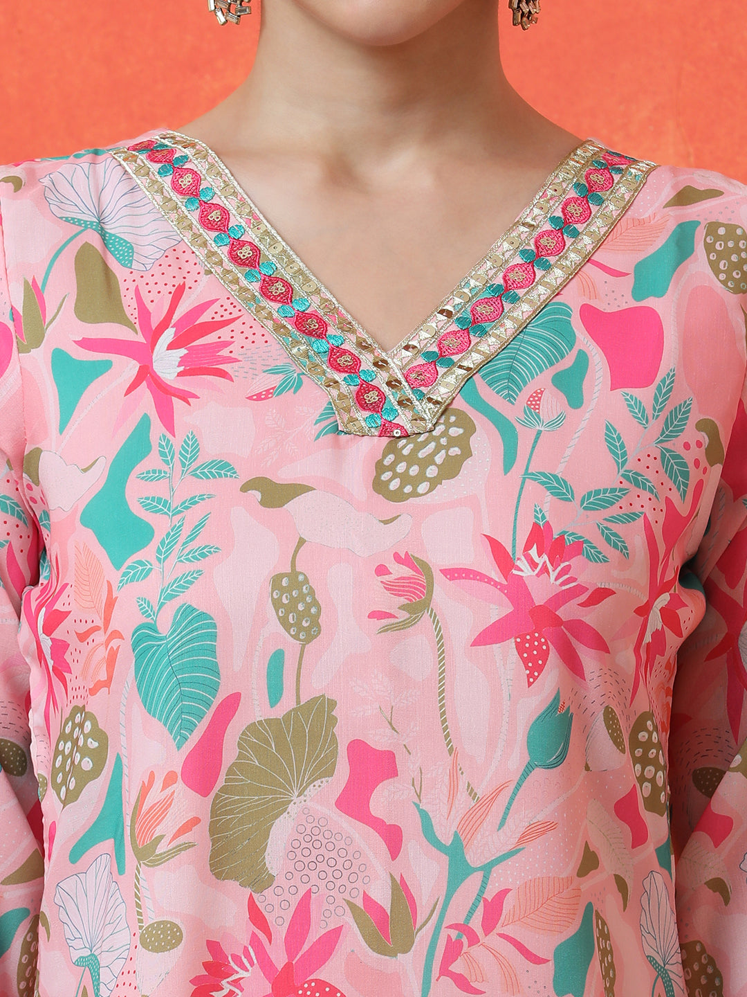 Floral Embroidered Straight Poly Crepe Kurta & Trousers Sets