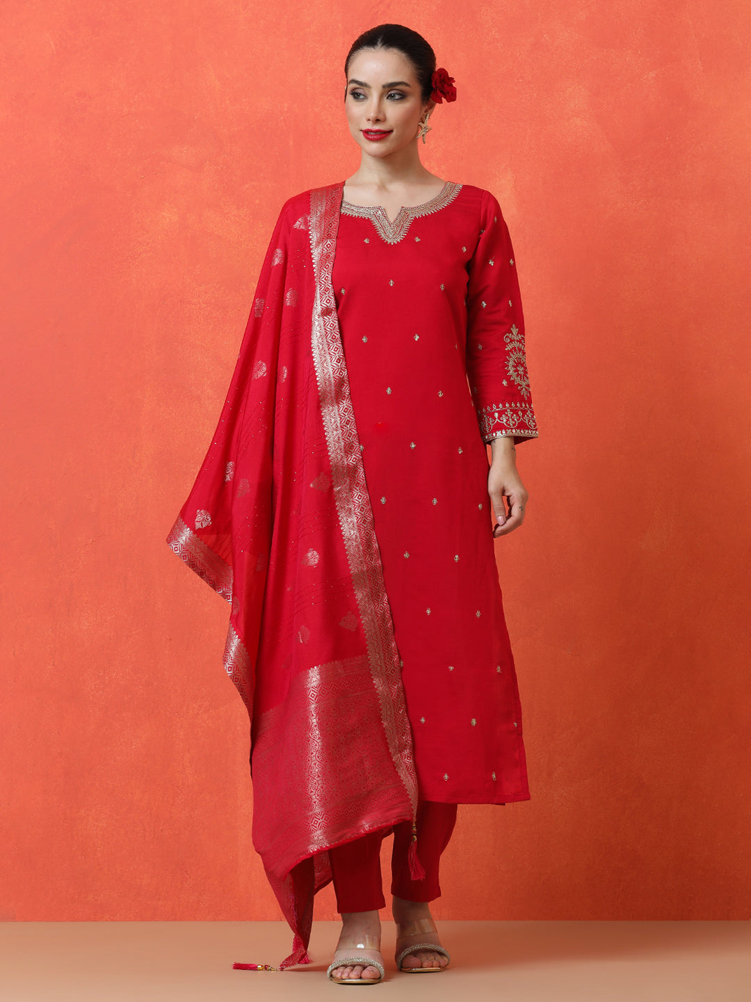 Floral Embroidered Straight Silk Blend Kurta & Trousers Sets