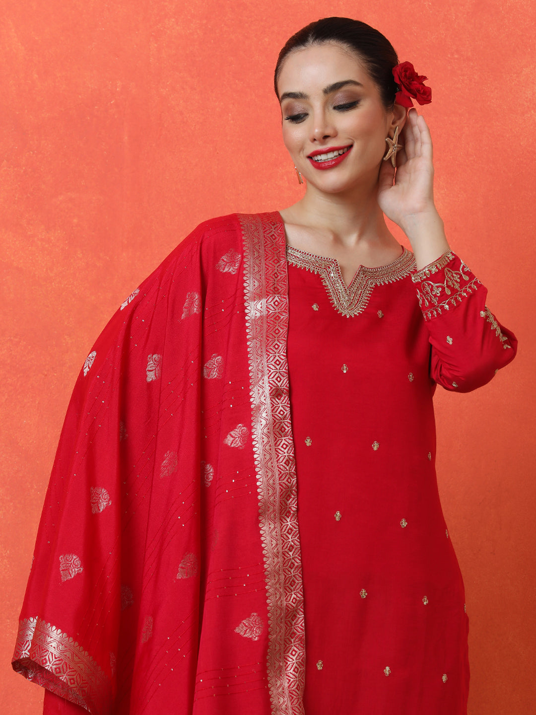 Floral Embroidered Straight Silk Blend Kurta & Trousers Sets