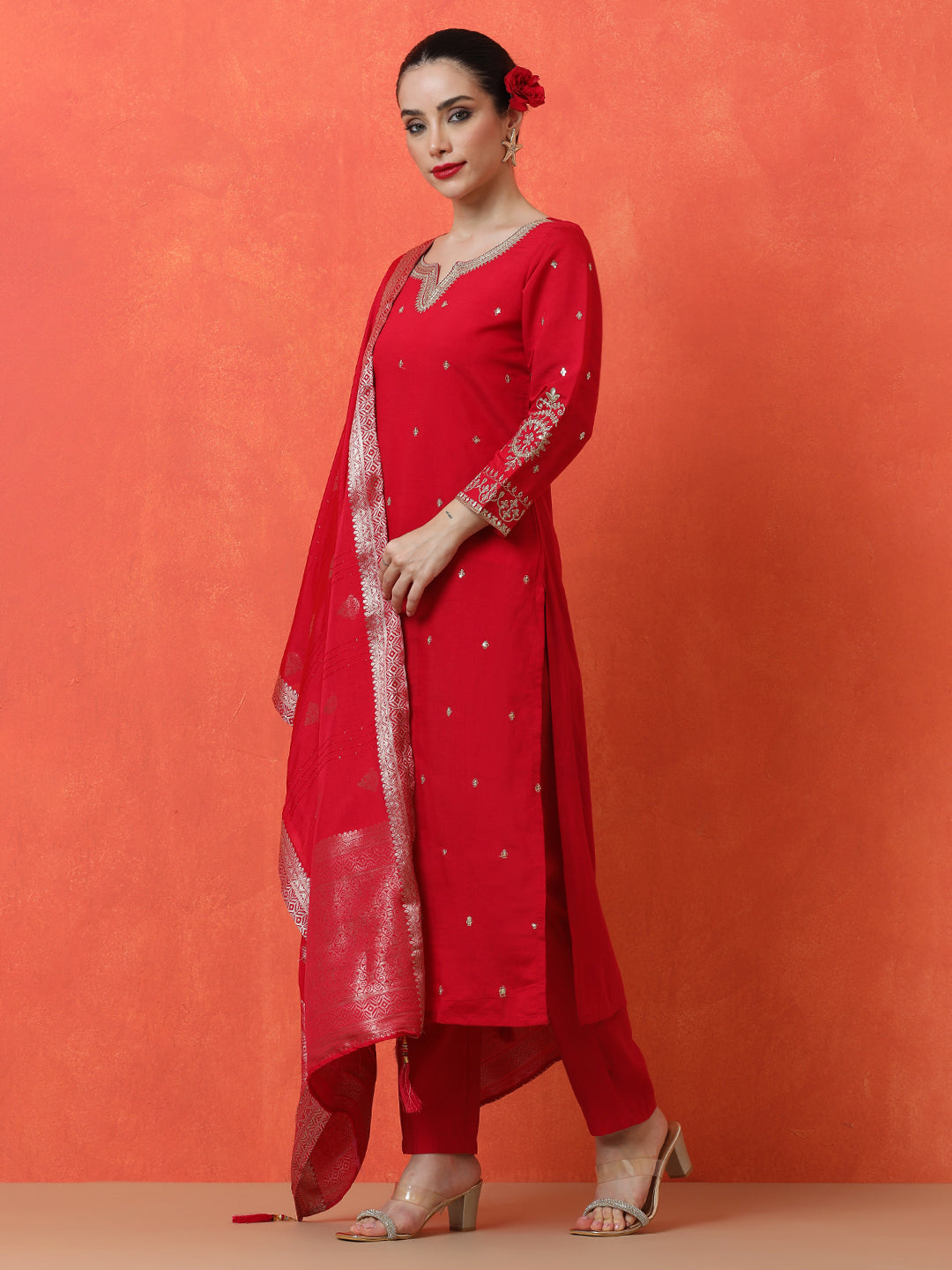 Floral Embroidered Straight Silk Blend Kurta & Trousers Sets
