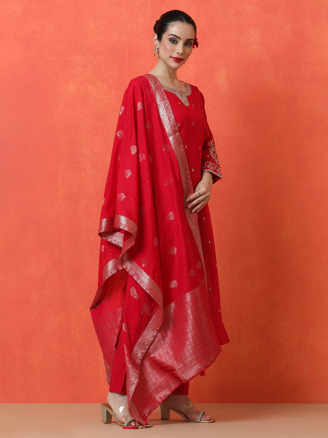 Floral Embroidered Straight Silk Blend Kurta & Trousers Sets