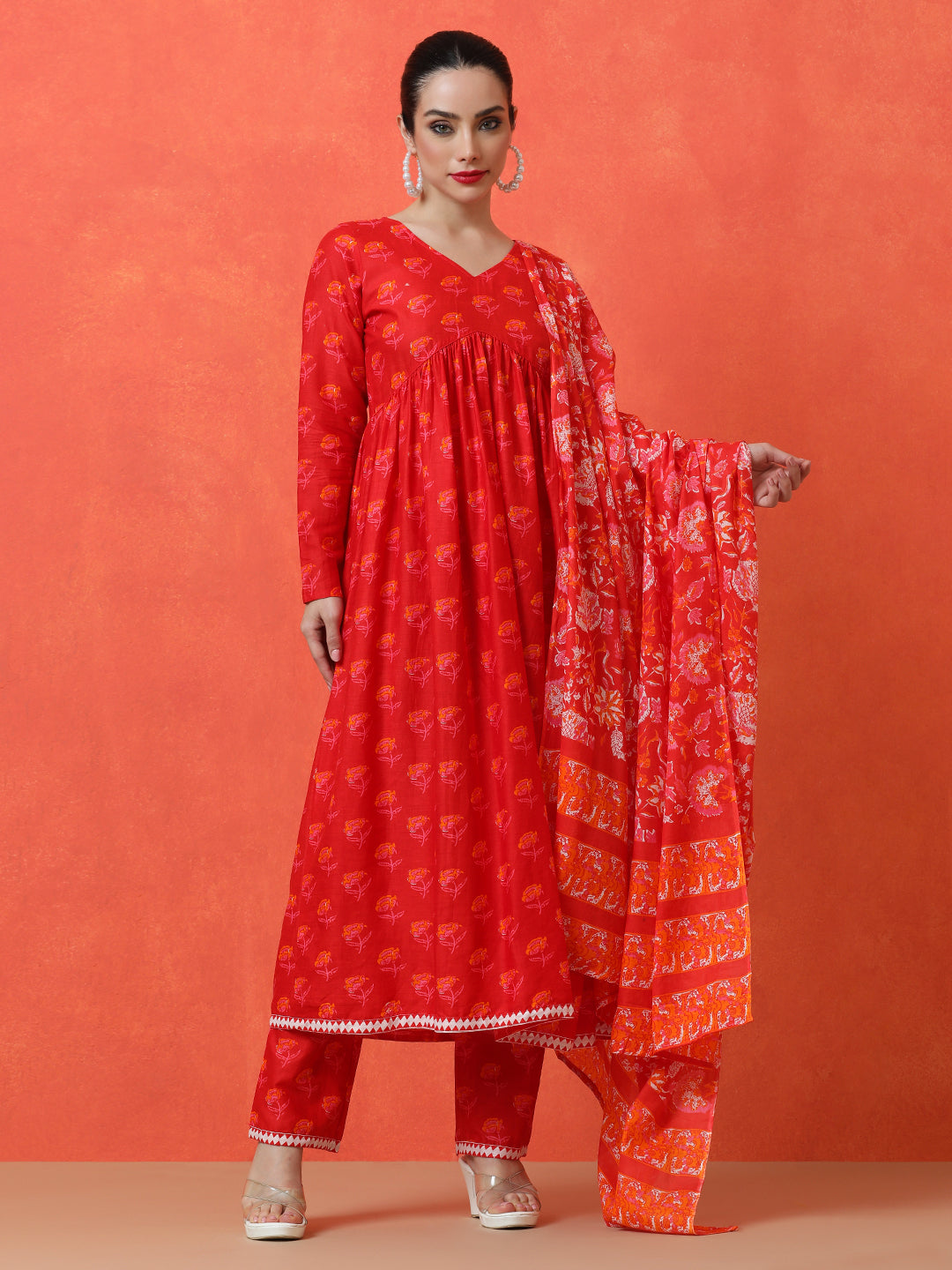 Floral Printed Anarkali Pure Cotton Kurta & Trousers Sets