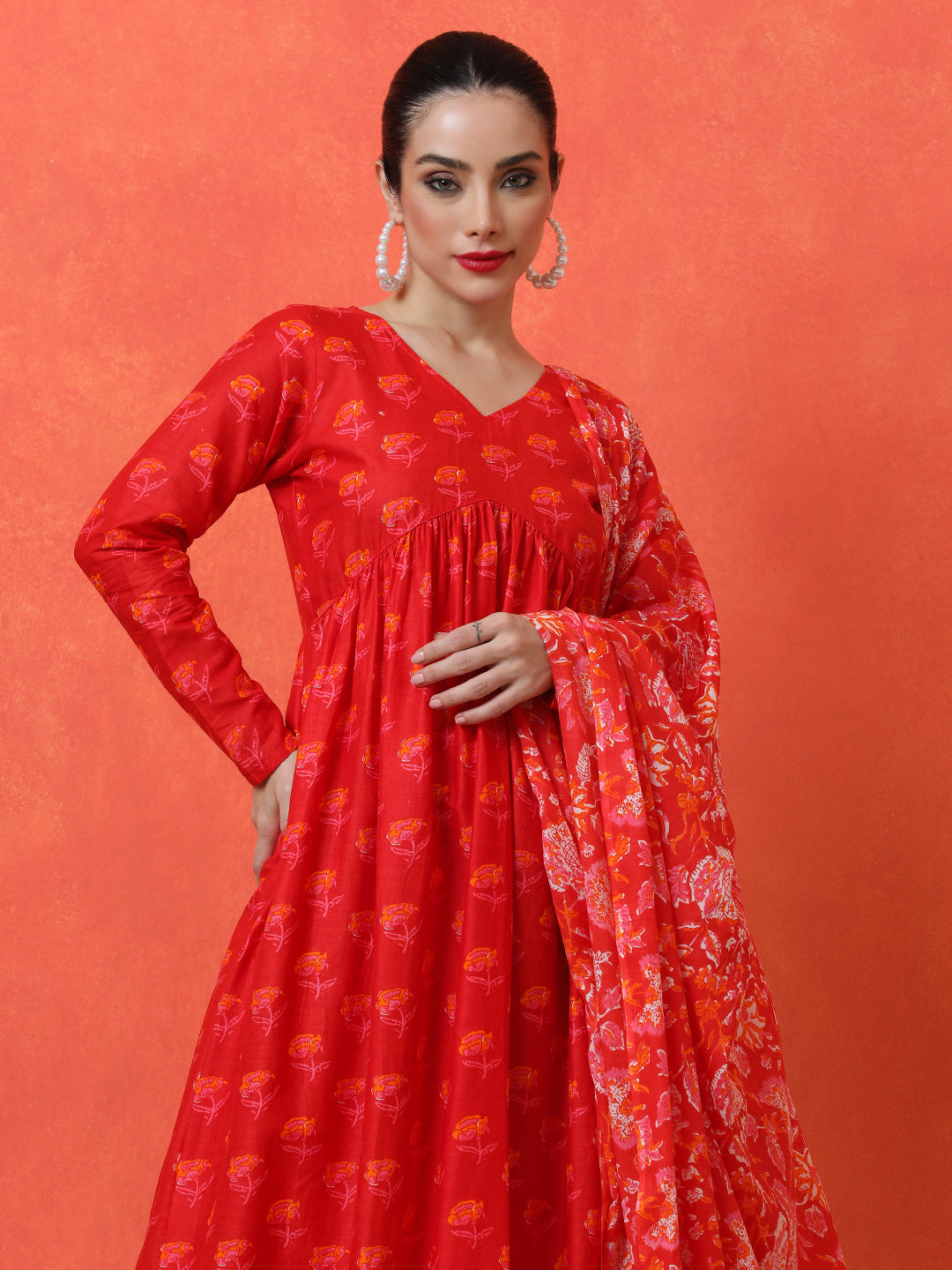 Floral Printed Anarkali Pure Cotton Kurta & Trousers Sets