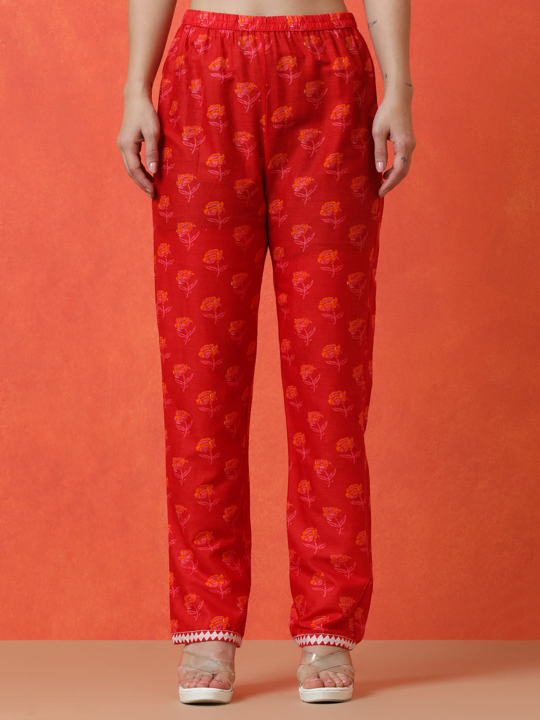 Floral Printed Anarkali Pure Cotton Kurta & Trousers Sets