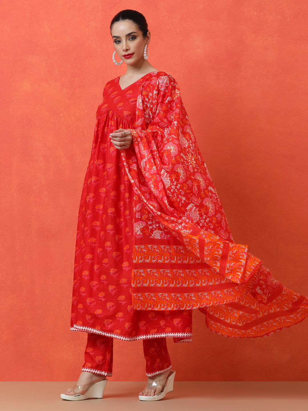 Floral Printed Anarkali Pure Cotton Kurta & Trousers Sets