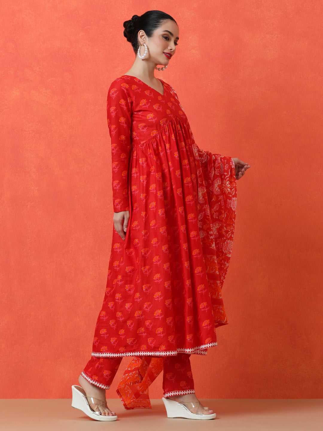 Floral Printed Anarkali Pure Cotton Kurta & Trousers Sets