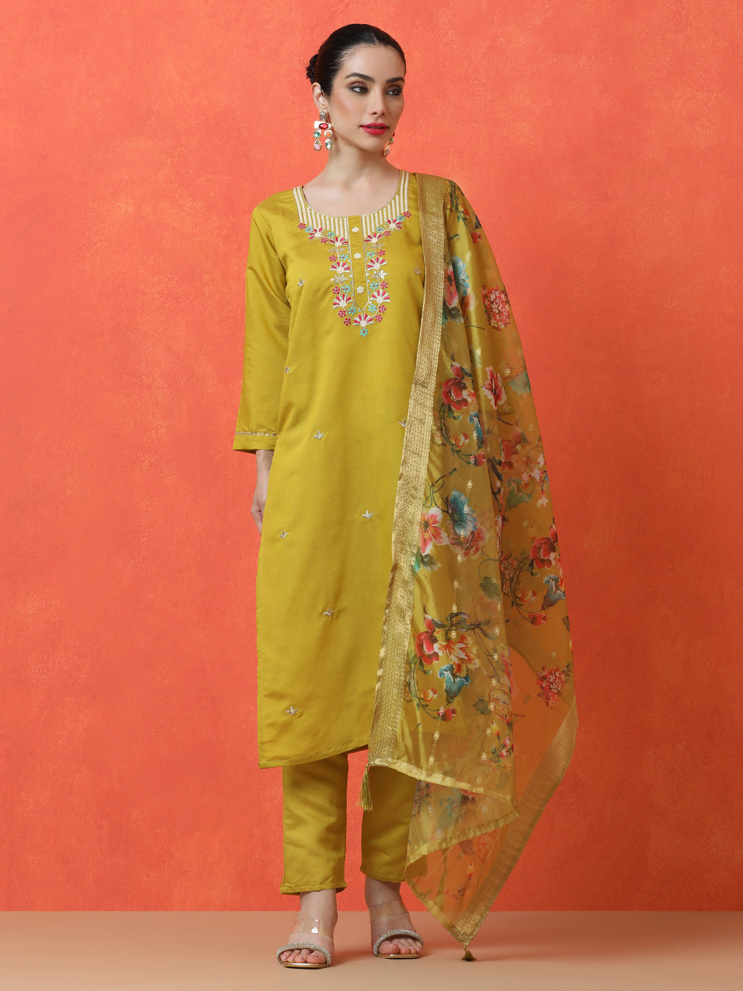 Floral Embroidered Straight Silk Blend Kurta & Trousers Sets