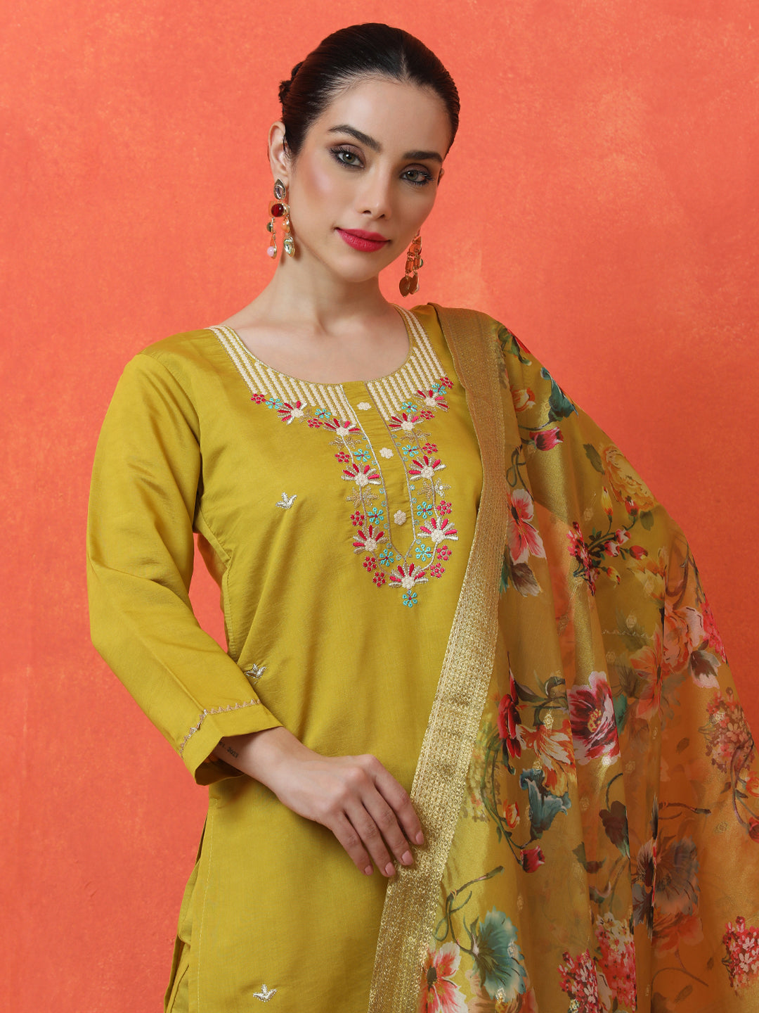 Floral Embroidered Straight Silk Blend Kurta & Trousers Sets